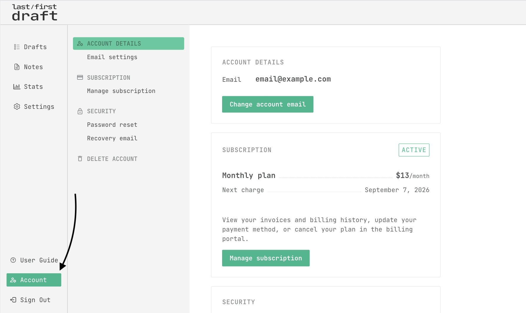 dashboard account page 