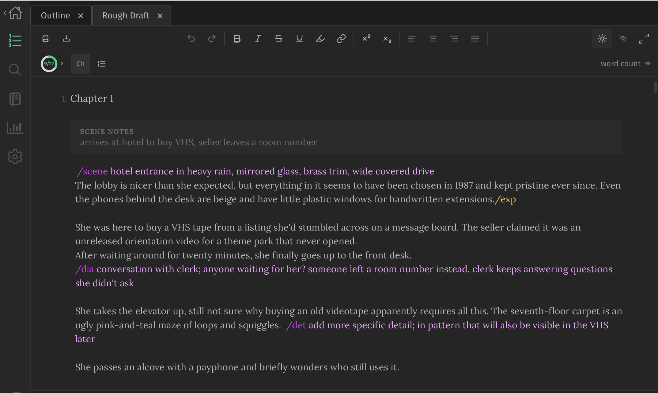 The writing workspace in dark mode