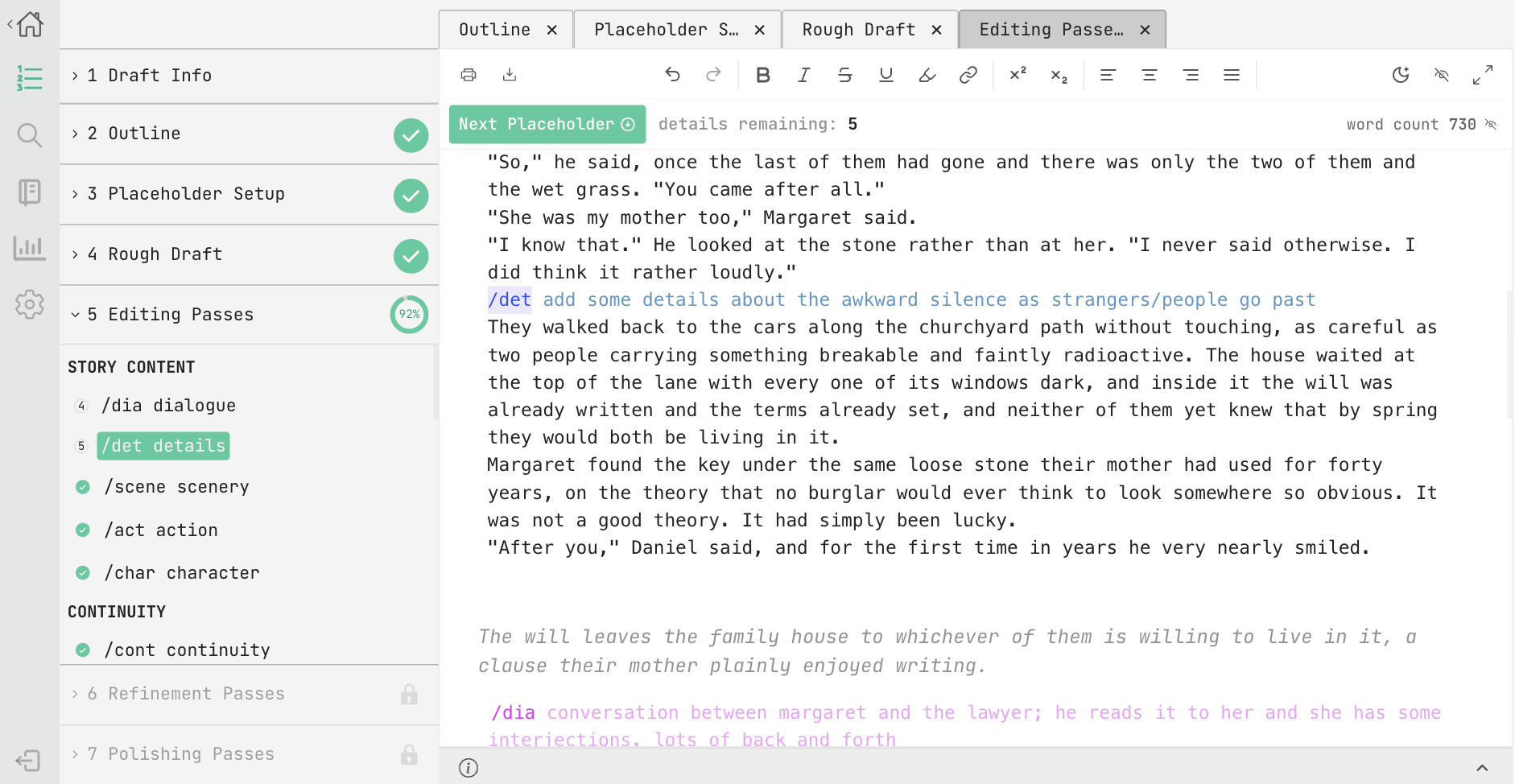The Editing Passes step, showing placeholder-by-placeholder guided editing