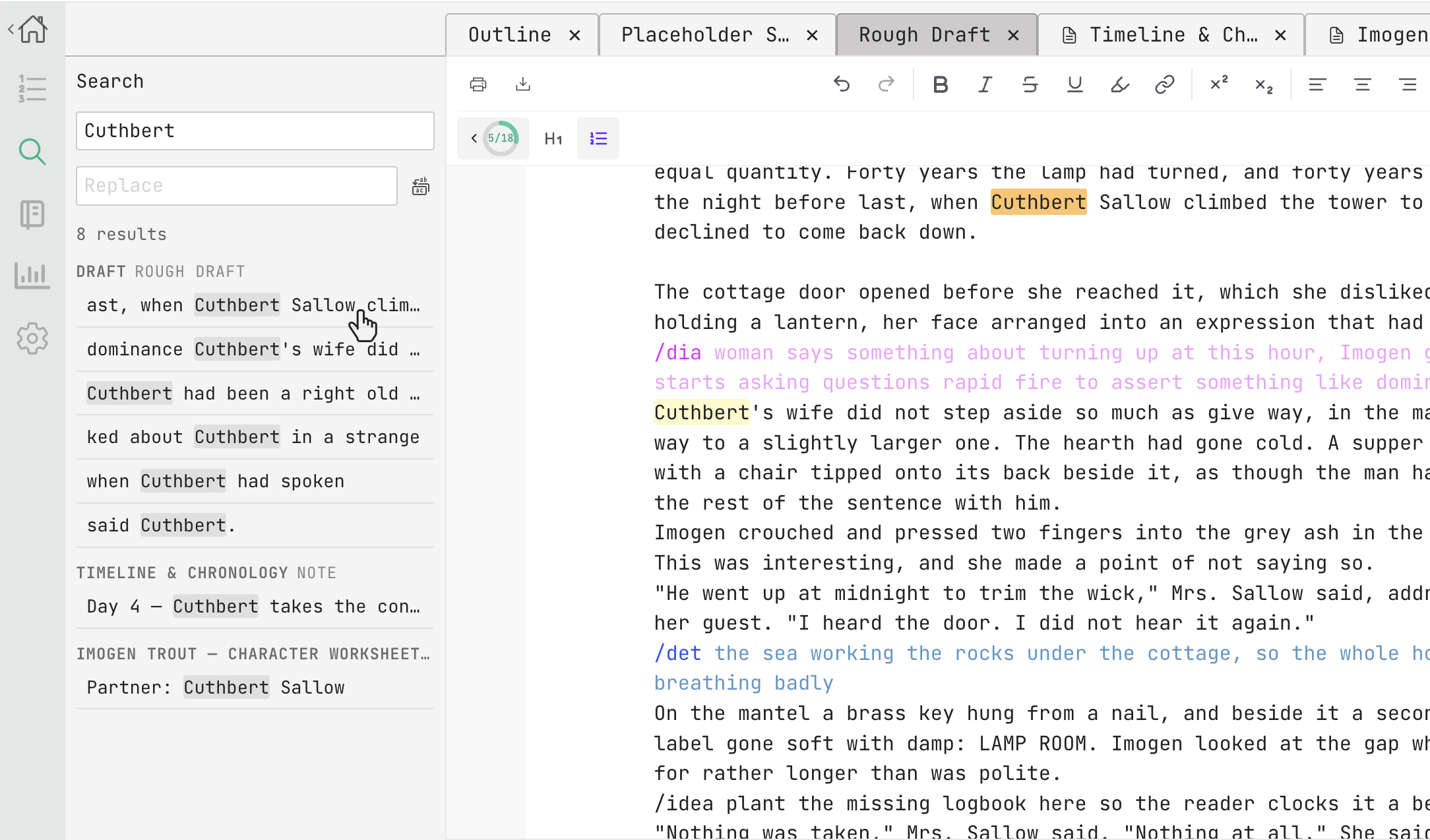 search results highlighted in the editor, grouped by document