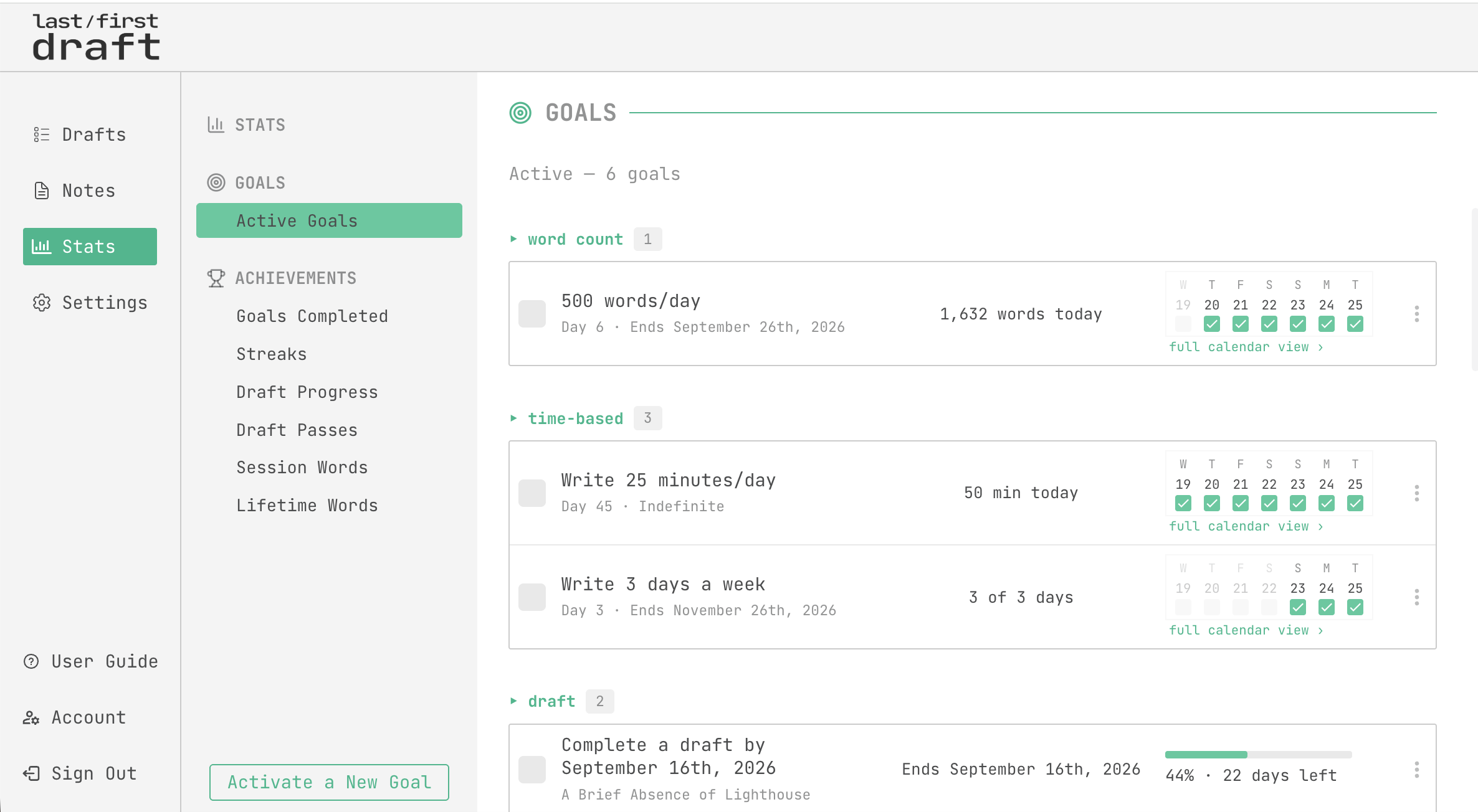 goals page screenshot