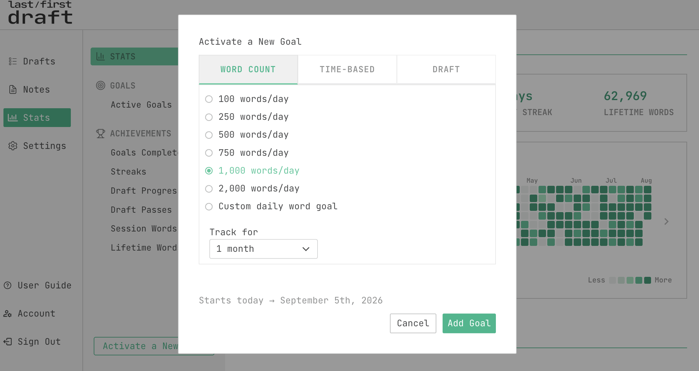 new goal builder popup screenshot
