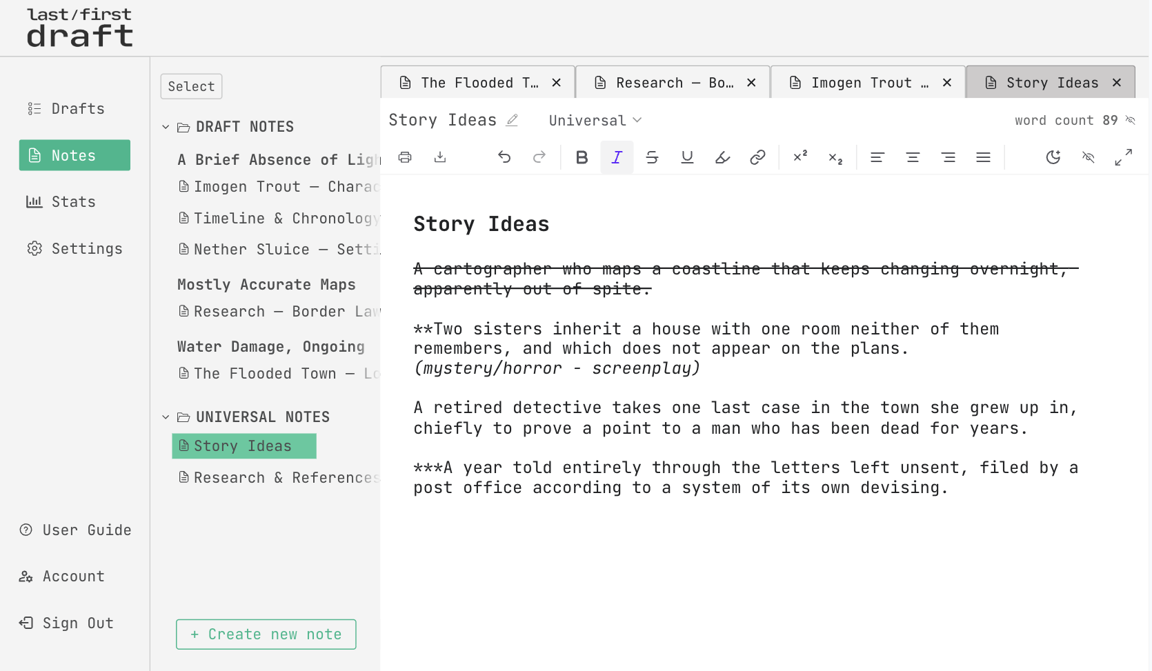 The Notes page, showing notes attached to a draft
