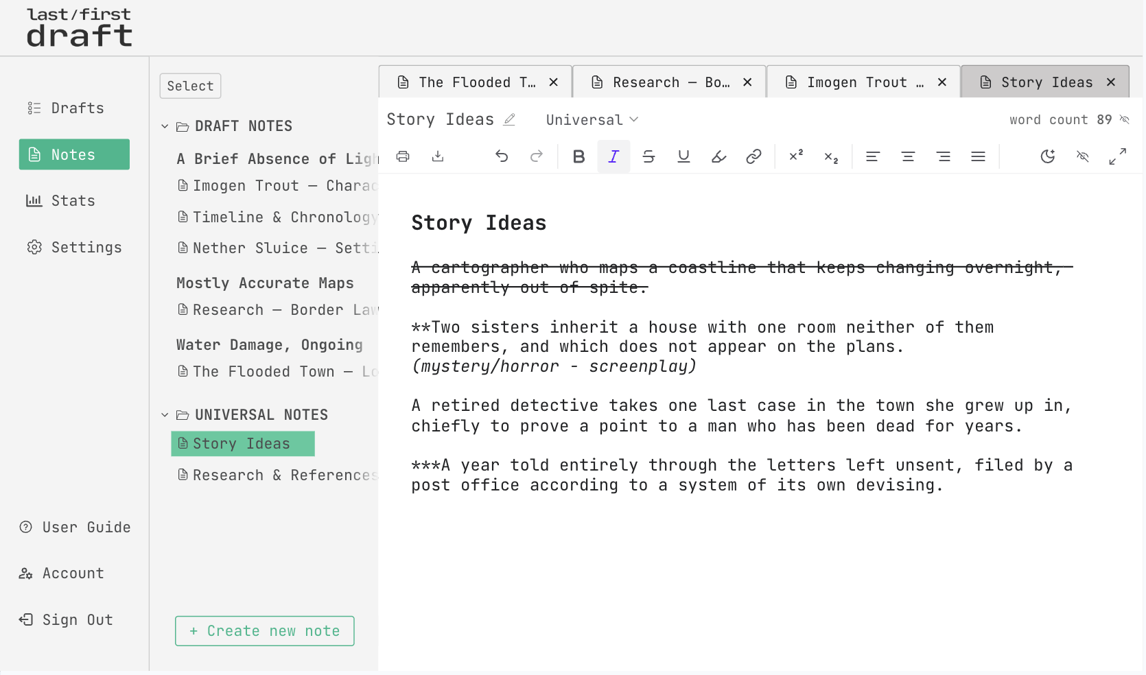 The Notes page, showing notes attached to a draft