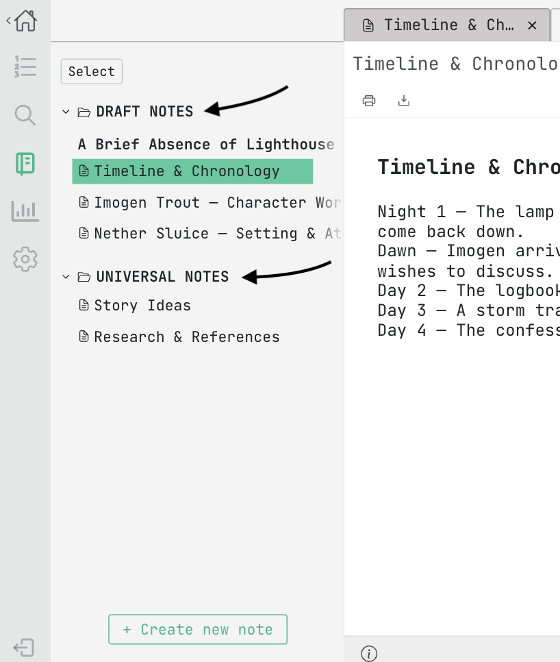 notes editor drawer