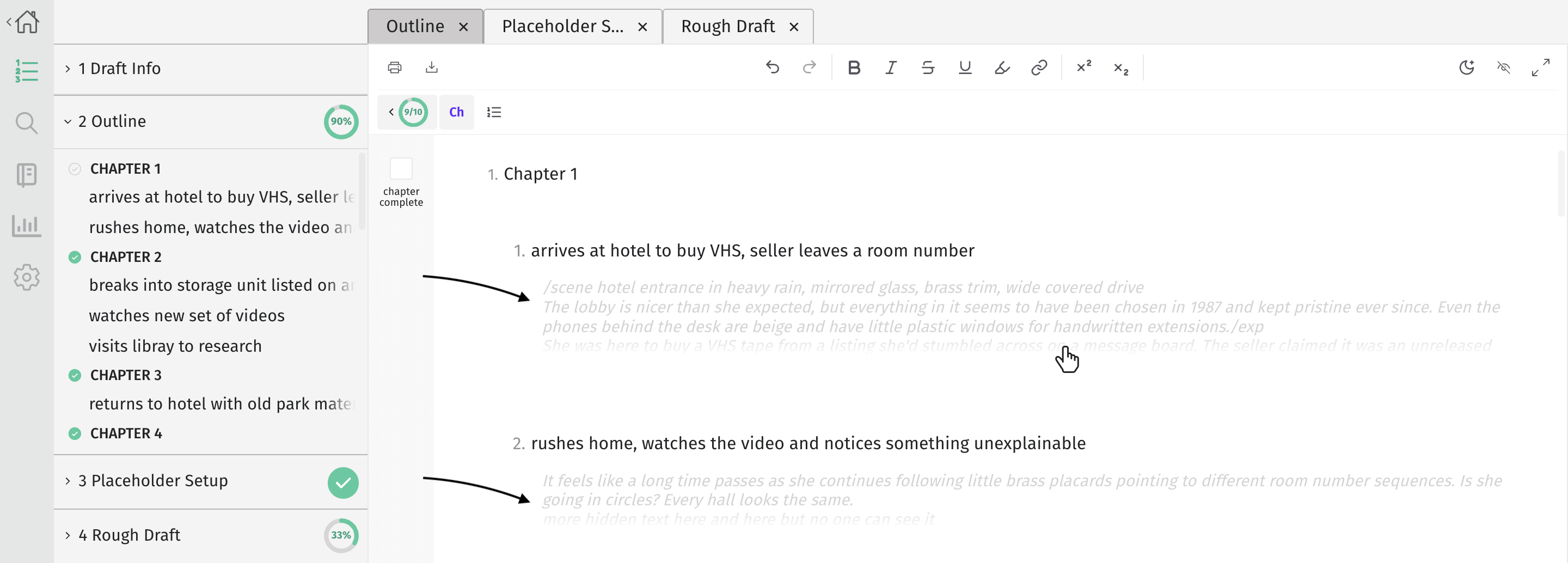 outline showing draft content previews