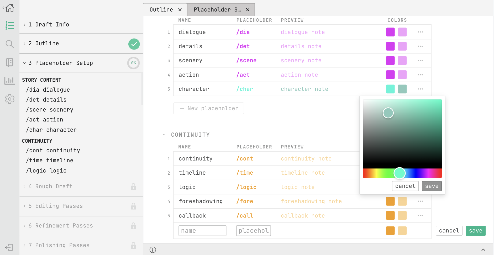 The Placeholder Setup step, showing customizable placeholder shortcuts and colors