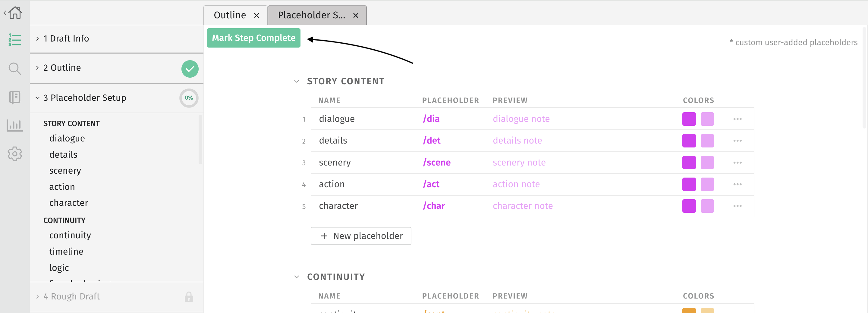 placeholder setup - mark step complete button