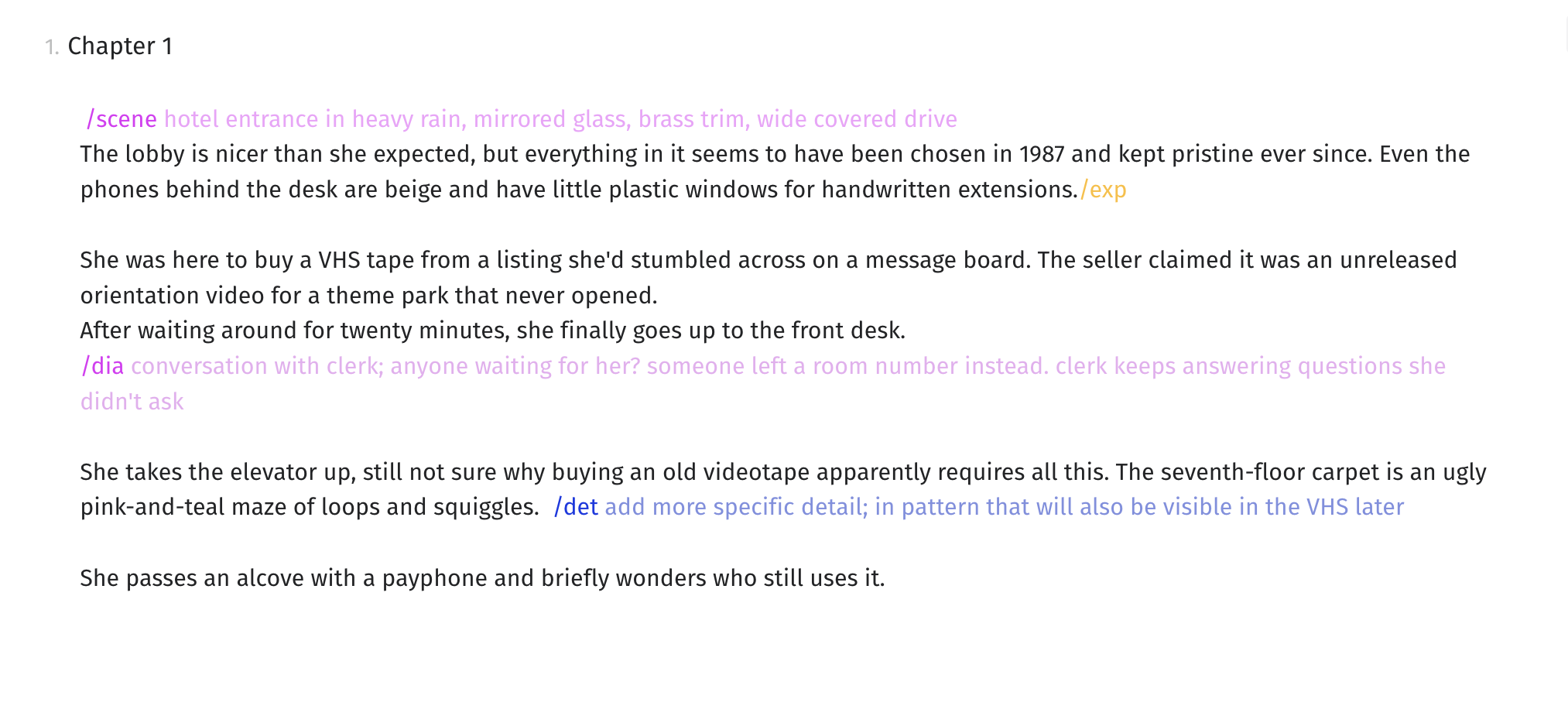 The Last First Draft editor showing colored placeholders marking details left for later