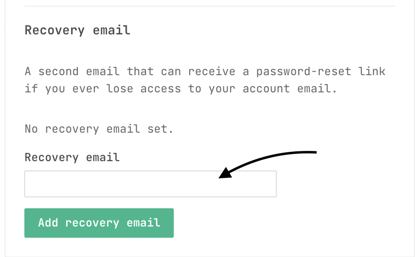 recovery email section of the account page with a pending confirmation address