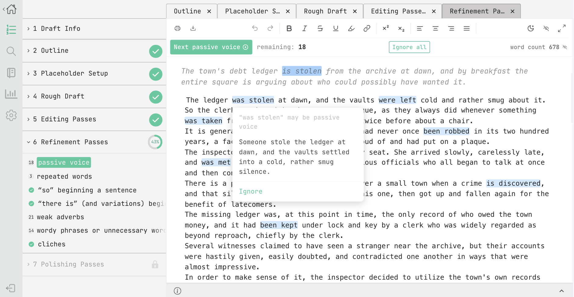 The Refinement Passes step, showing passive voice and weak-prose suggestions