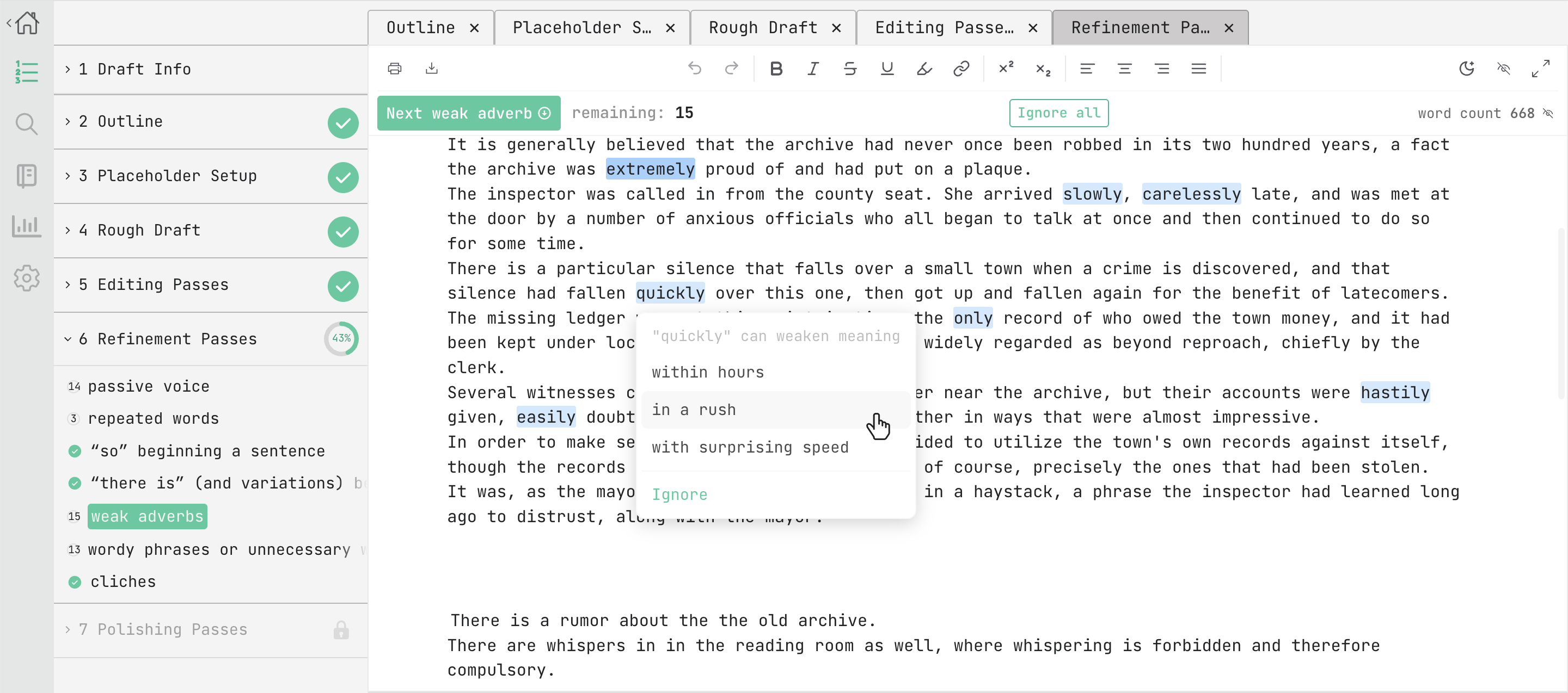 the refinement passes editor view
