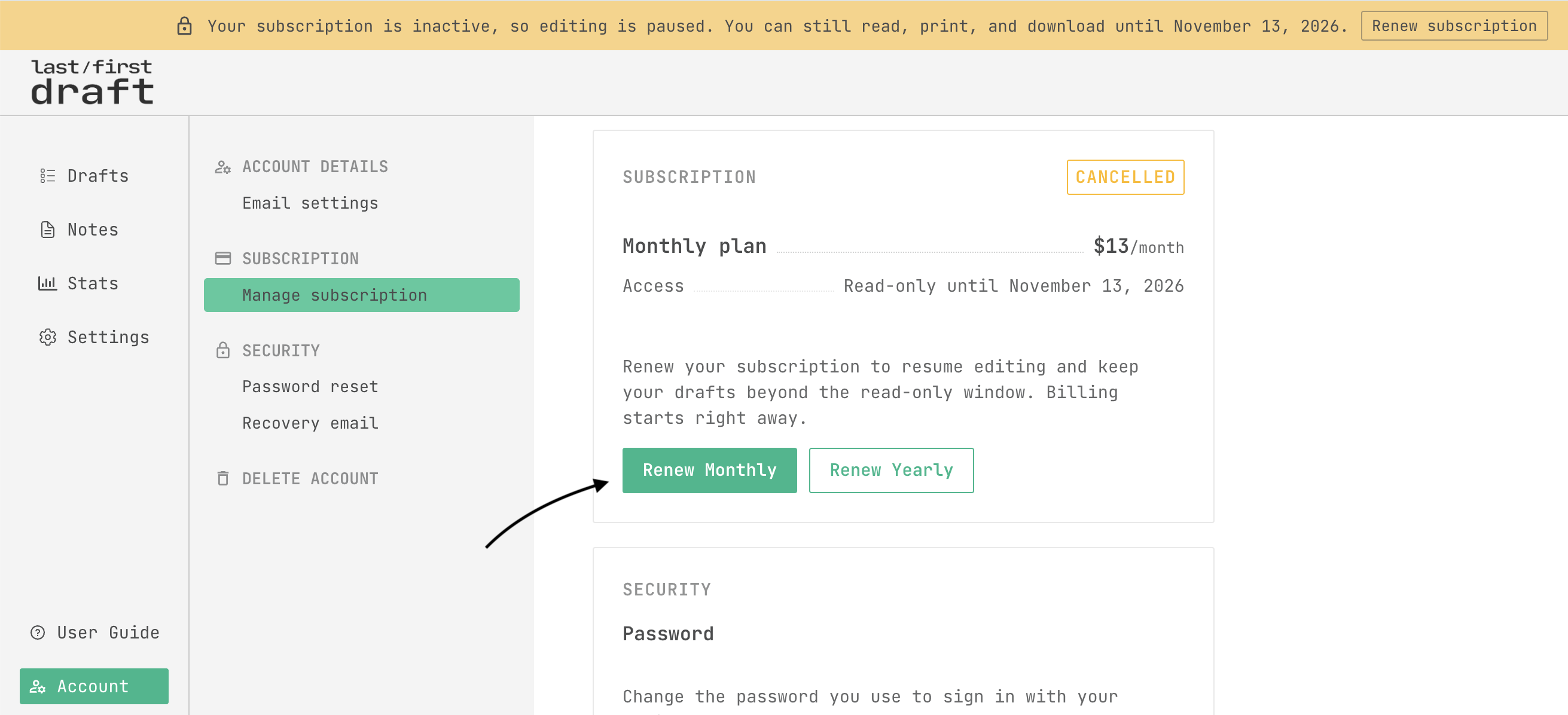 account page subscription section - renew monthly and renew yearly buttons
