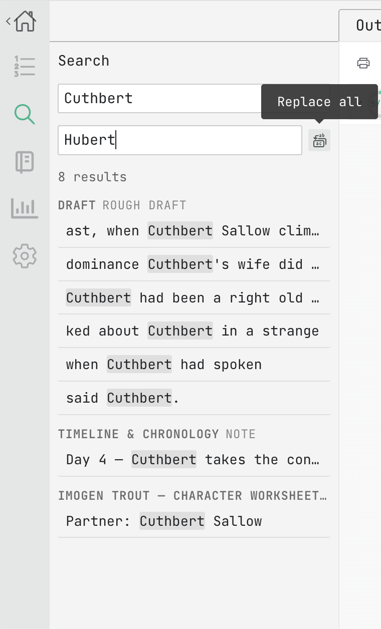 the Search drawer with replacement text entered and the Replace all button