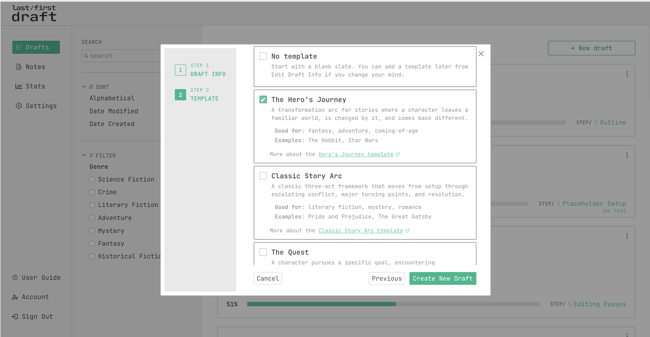 selecting a template when creating a new draft