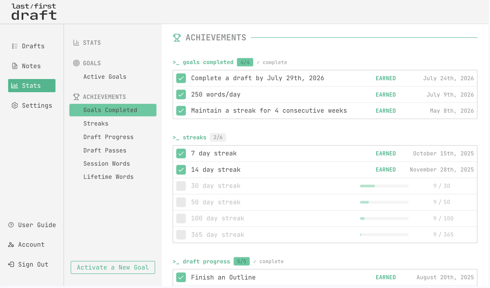 The Stats page, showing earned achievements