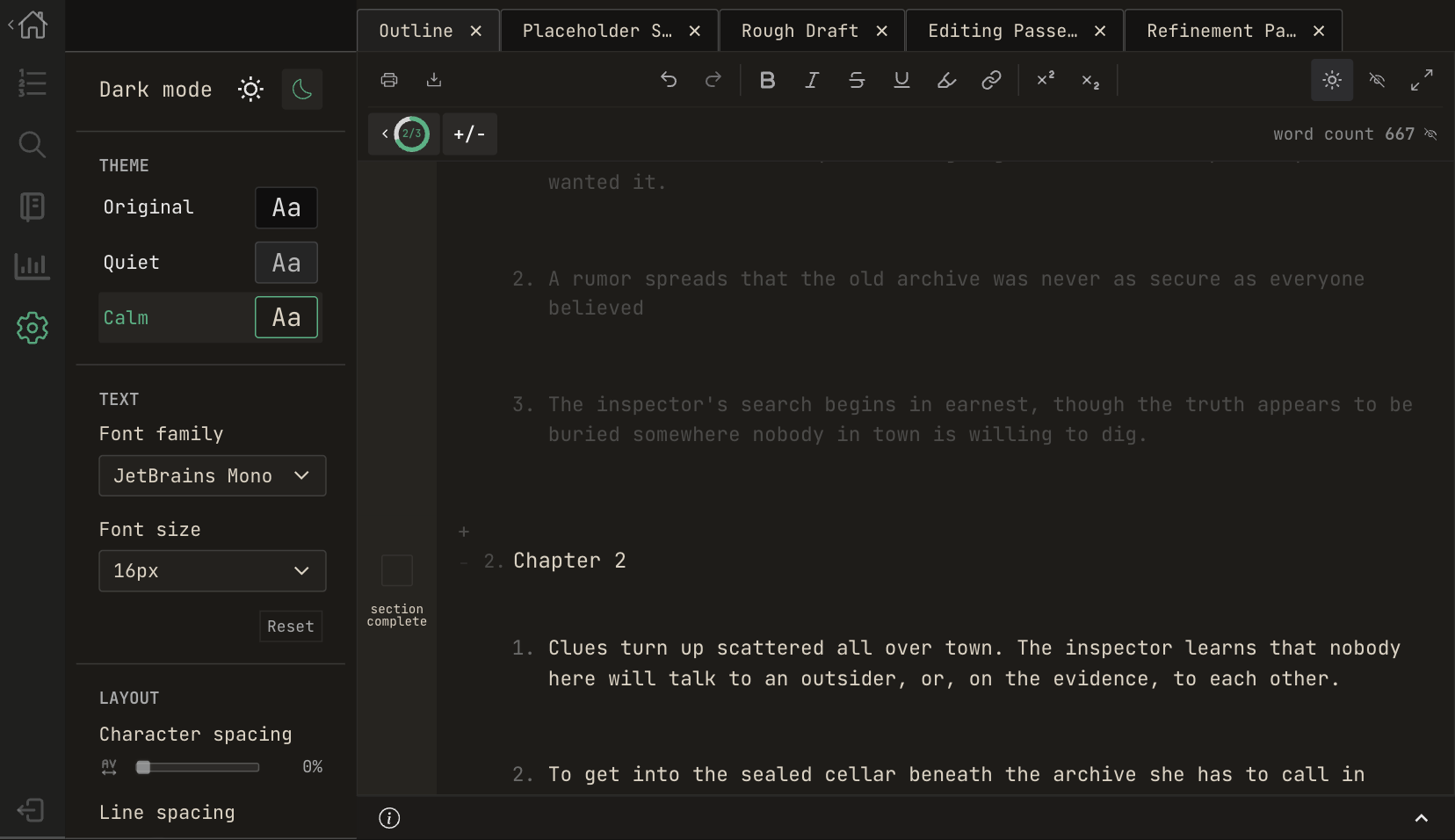 The editor in dark mode, calm theme