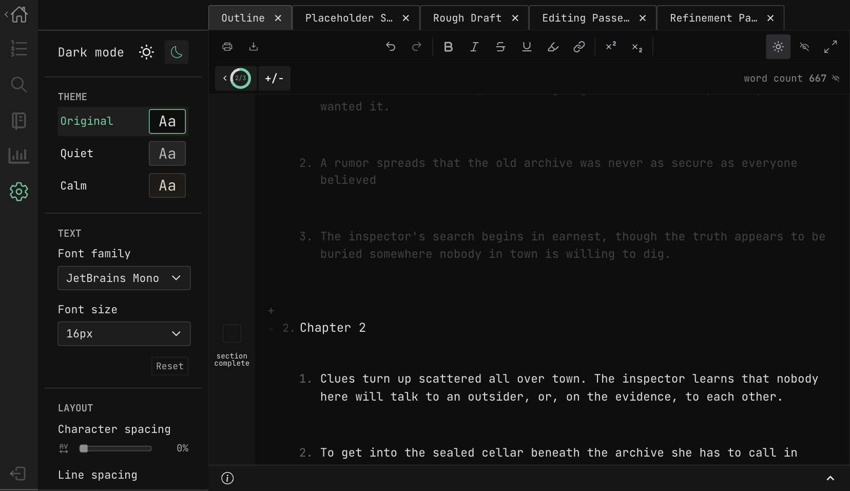 The editor in dark mode, original theme
