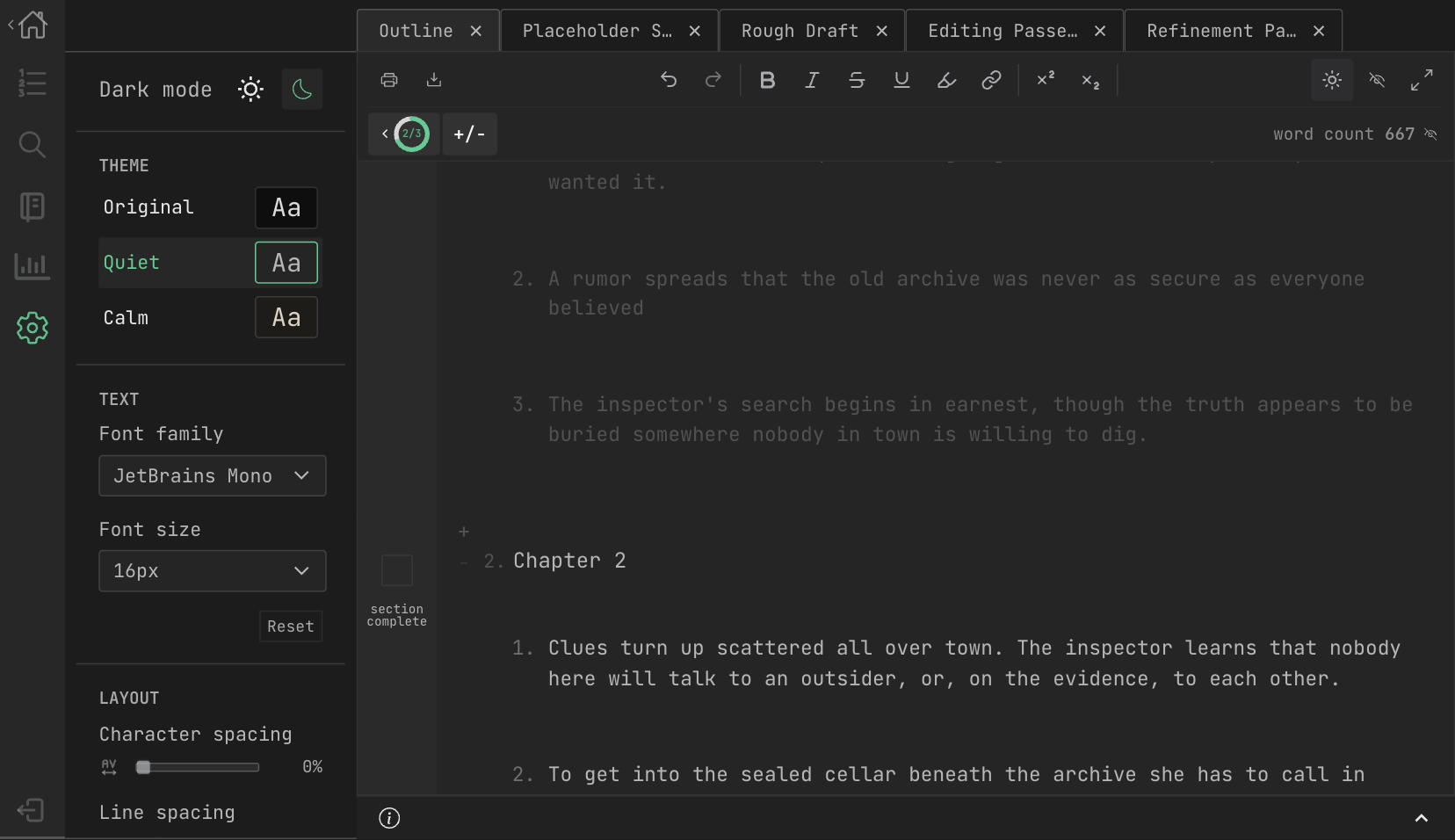 The editor in dark mode, quiet theme