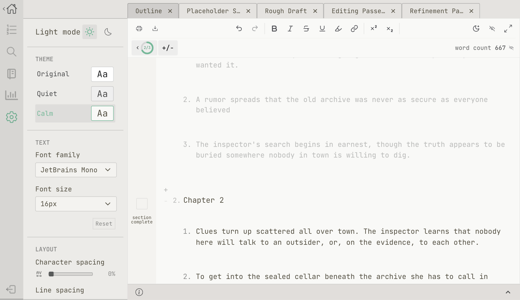 The editor in light mode, calm theme