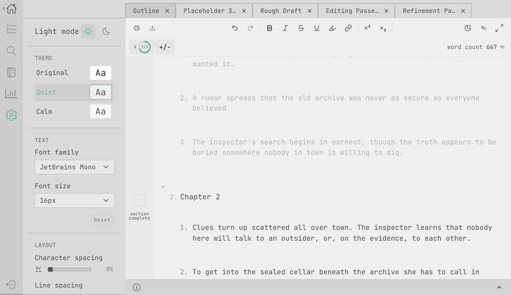 The editor in light mode, quiet theme