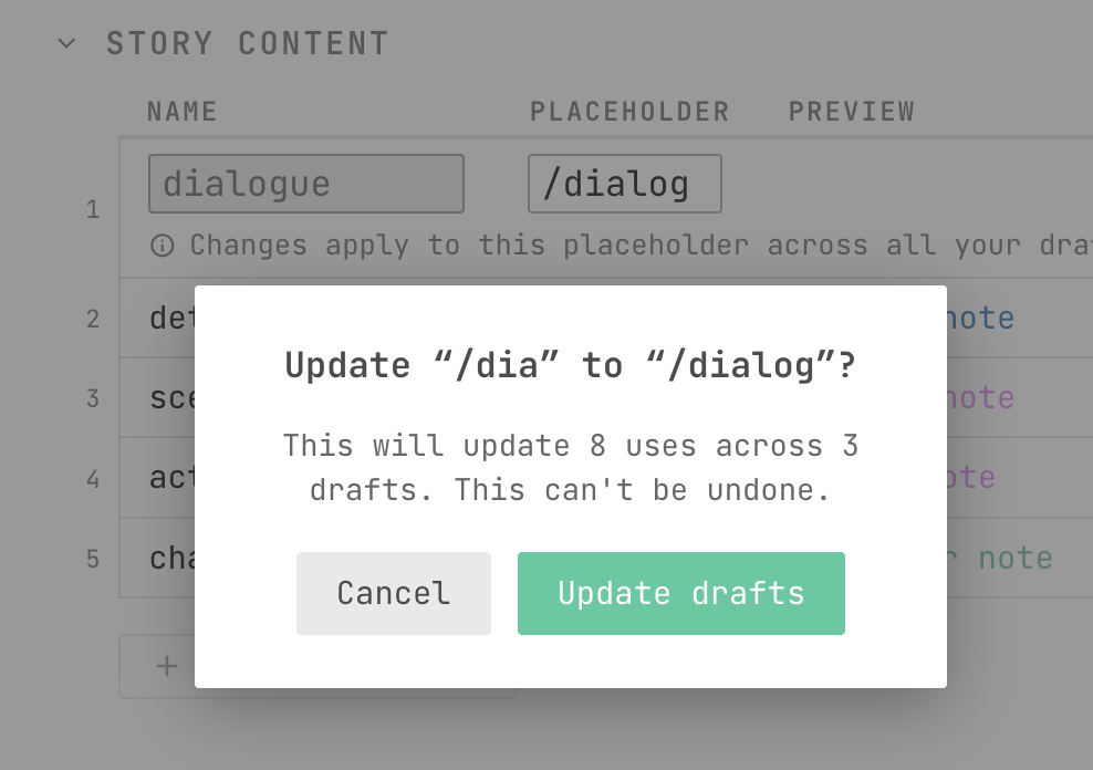 placeholder updates modal