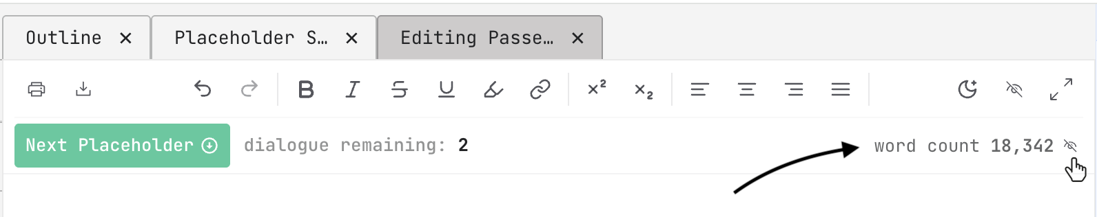 word count shown at the far right of the toolbar