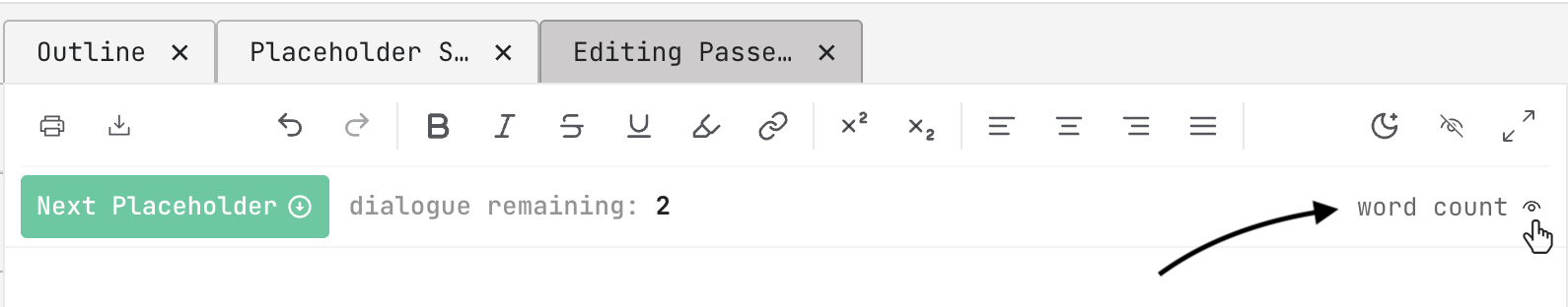 word count hidden, with only the 'eye' icon showing in the toolbar